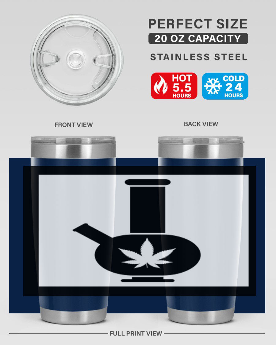 A stylish cannabis art 43# tumbler featuring a vibrant marijuana design, made of double wall vacuum stainless steel with a drink-thru lid.