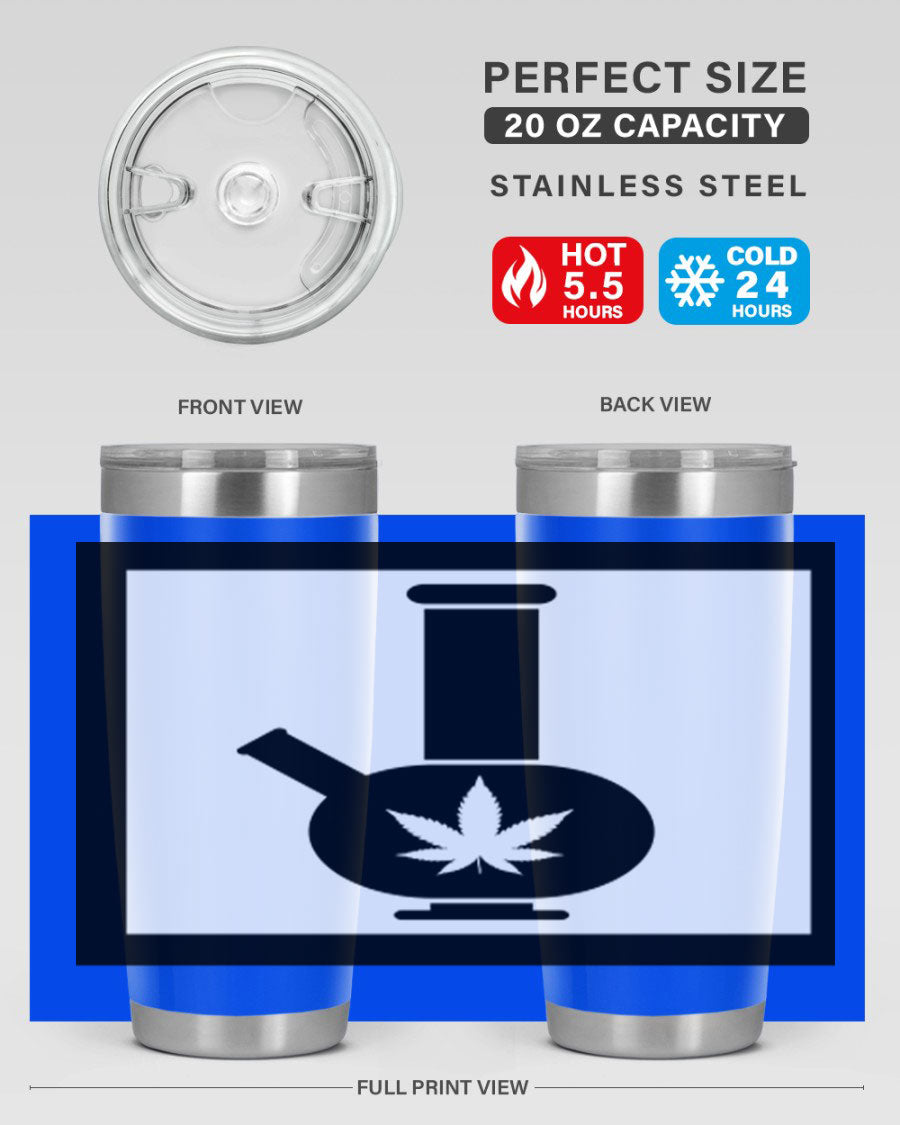 A stylish cannabis art 43# tumbler featuring a vibrant marijuana design, made of double wall vacuum stainless steel with a drink-thru lid.