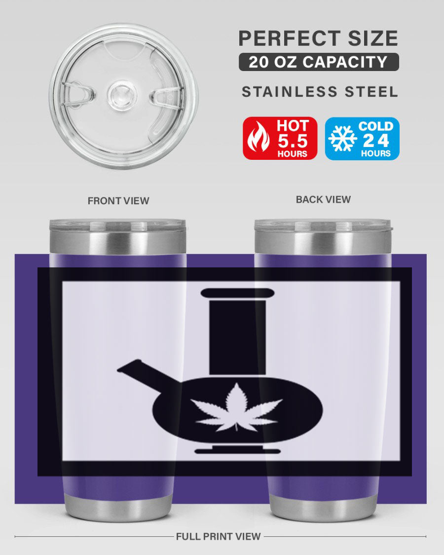 A stylish cannabis art 43# tumbler featuring a vibrant marijuana design, made of double wall vacuum stainless steel with a drink-thru lid.