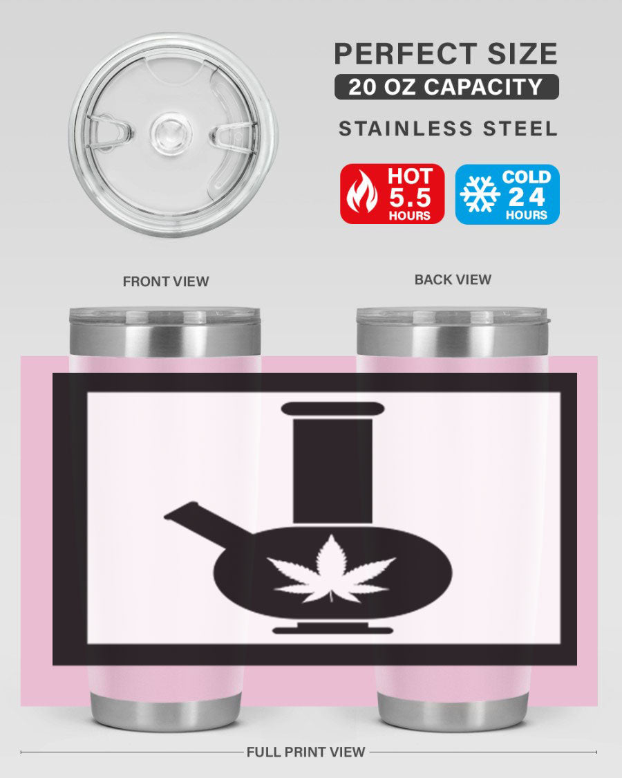 A stylish cannabis art 43# tumbler featuring a vibrant marijuana design, made of double wall vacuum stainless steel with a drink-thru lid.