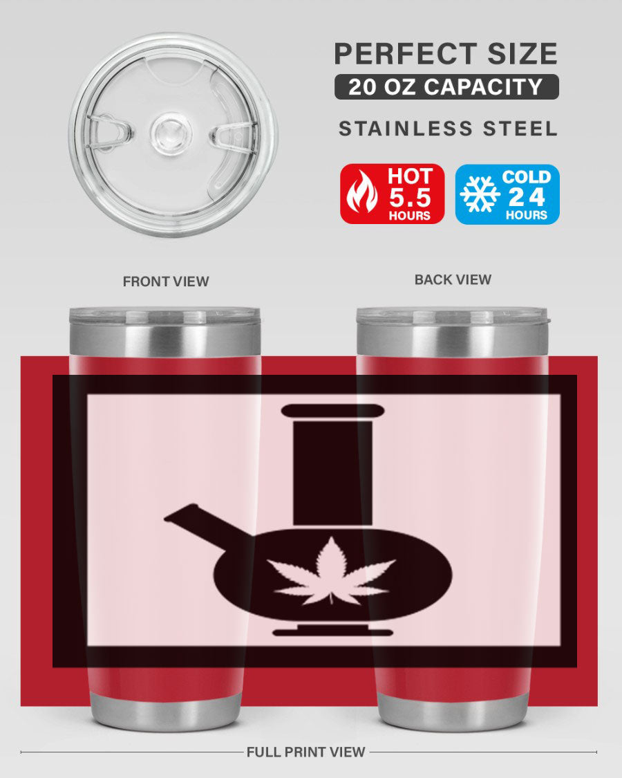 A stylish cannabis art 43# tumbler featuring a vibrant marijuana design, made of double wall vacuum stainless steel with a drink-thru lid.