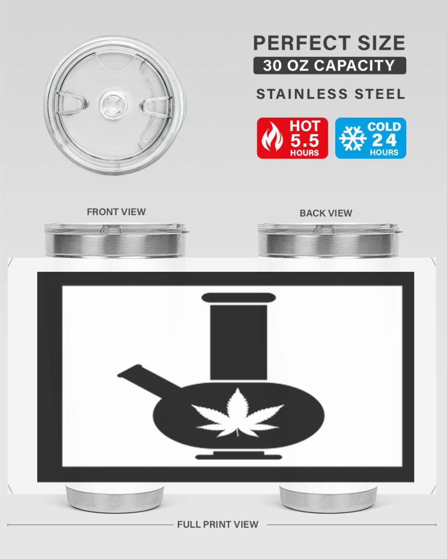 A stylish cannabis art 43# tumbler featuring a vibrant marijuana design, made of double wall vacuum stainless steel with a drink-thru lid.