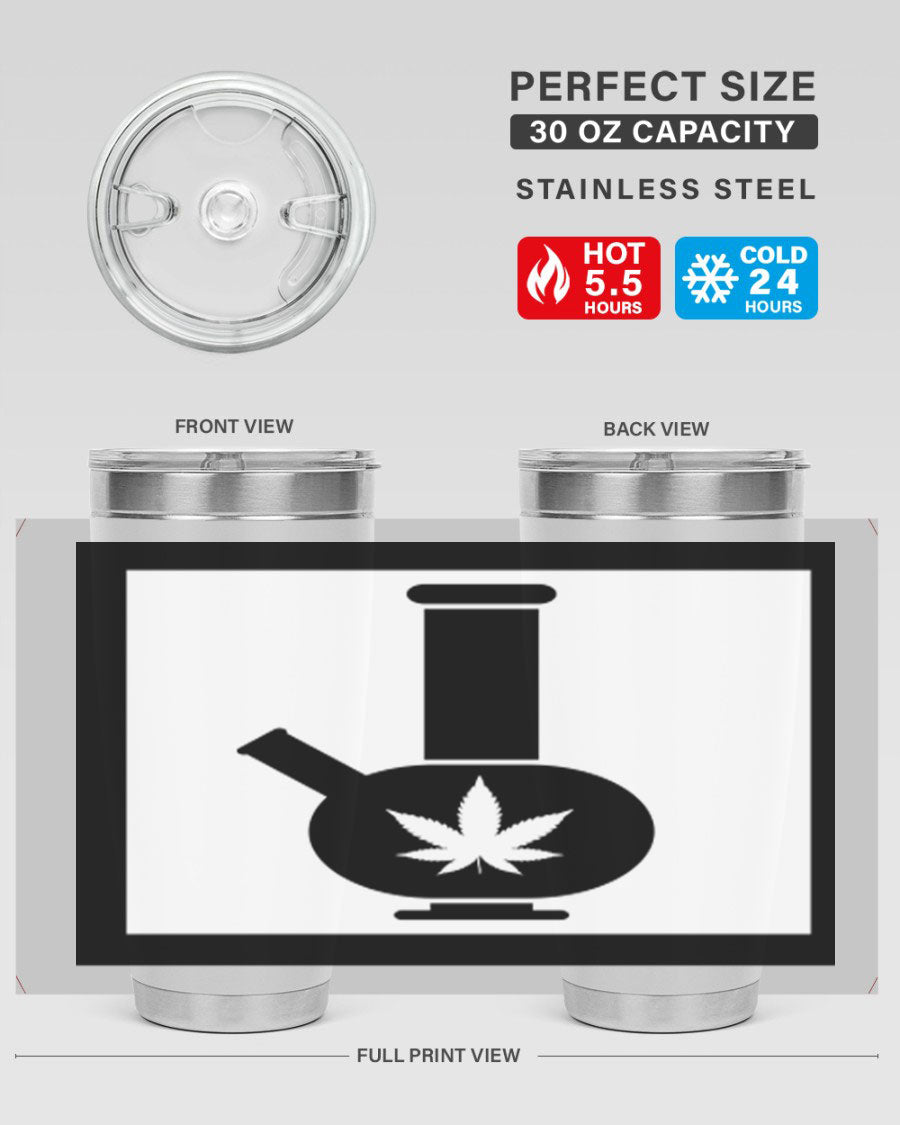 A stylish cannabis art 43# tumbler featuring a vibrant marijuana design, made of double wall vacuum stainless steel with a drink-thru lid.