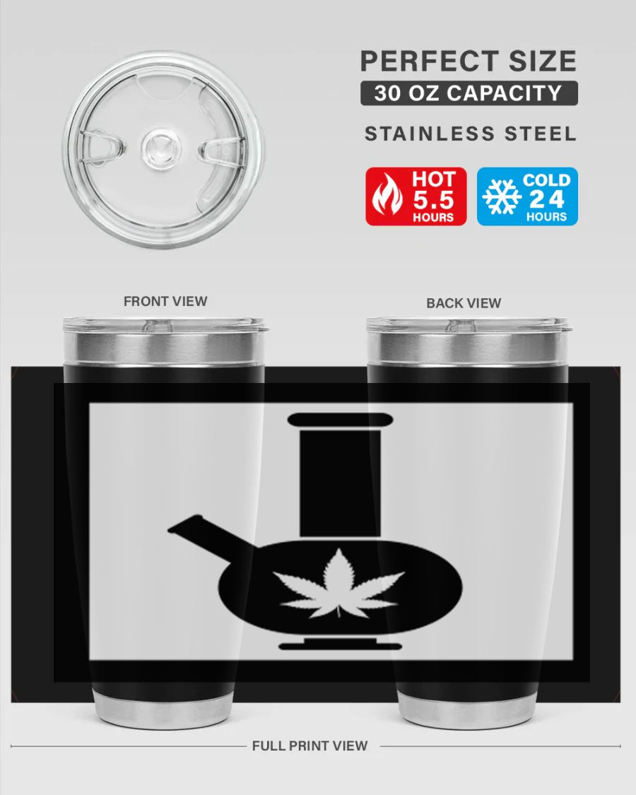 A stylish cannabis art 43# tumbler featuring a vibrant marijuana design, made of double wall vacuum stainless steel with a drink-thru lid.