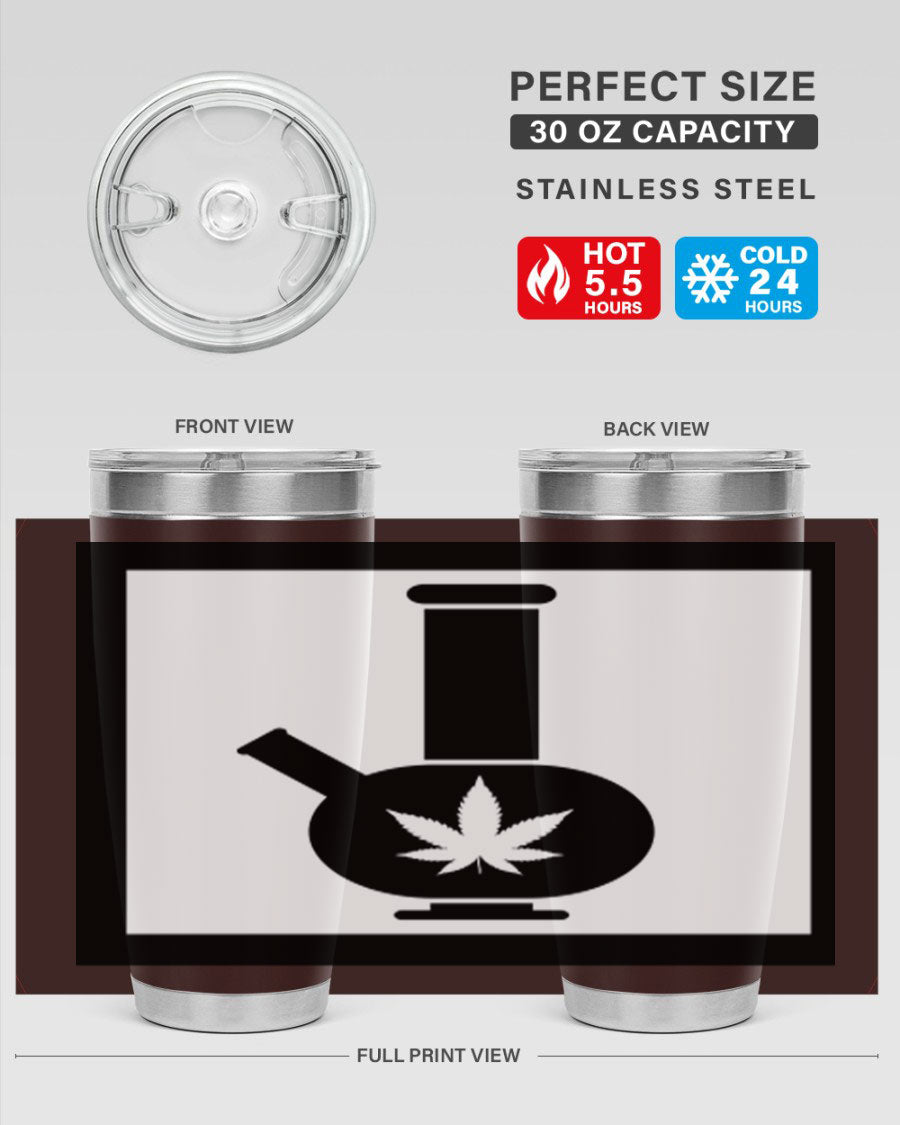 A stylish cannabis art 43# tumbler featuring a vibrant marijuana design, made of double wall vacuum stainless steel with a drink-thru lid.
