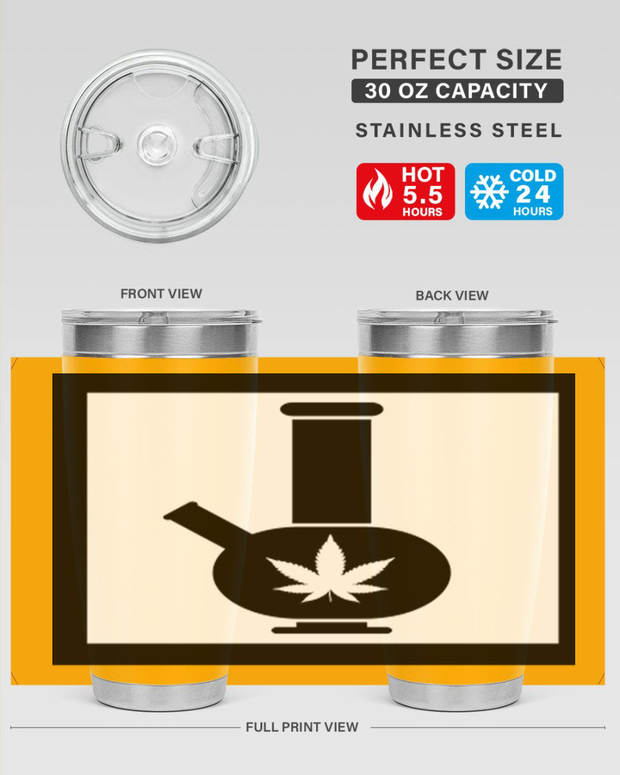 A stylish cannabis art 43# tumbler featuring a vibrant marijuana design, made of double wall vacuum stainless steel with a drink-thru lid.