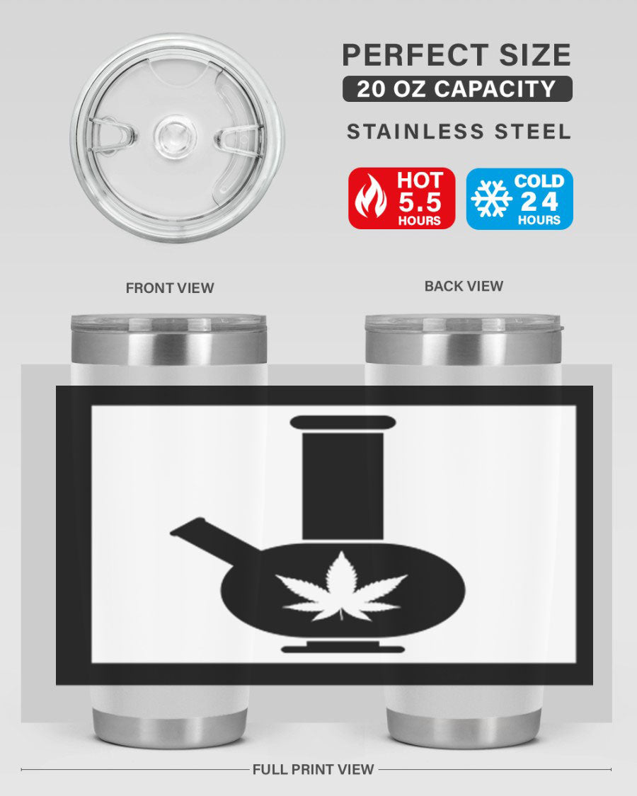 A stylish cannabis art 43# tumbler featuring a vibrant marijuana design, made of double wall vacuum stainless steel with a drink-thru lid.