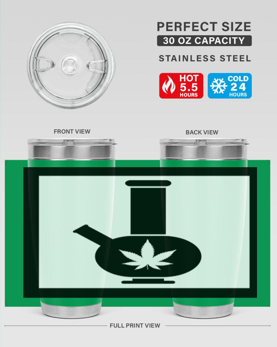 A stylish cannabis art 43# tumbler featuring a vibrant marijuana design, made of double wall vacuum stainless steel with a drink-thru lid.