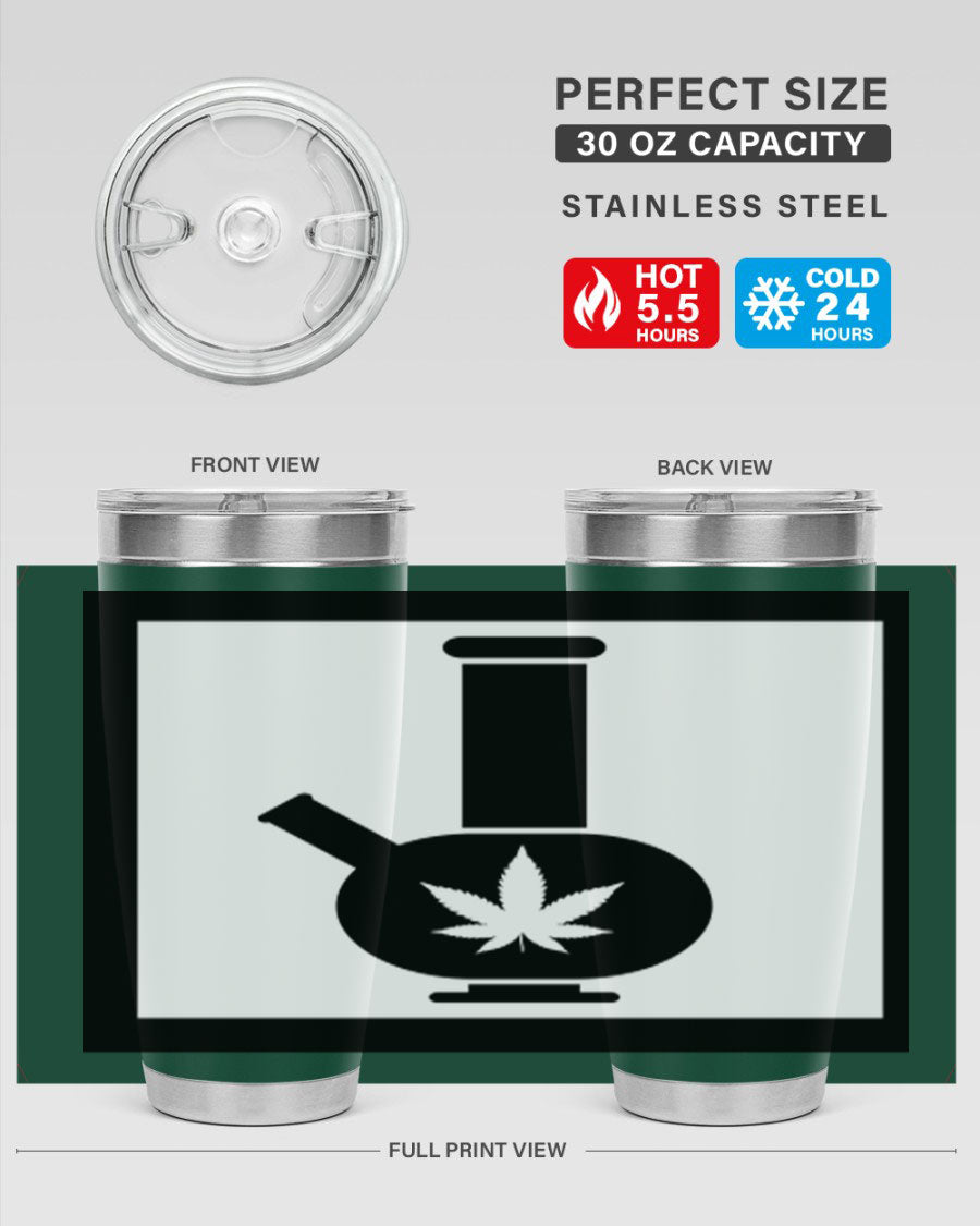 A stylish cannabis art 43# tumbler featuring a vibrant marijuana design, made of double wall vacuum stainless steel with a drink-thru lid.