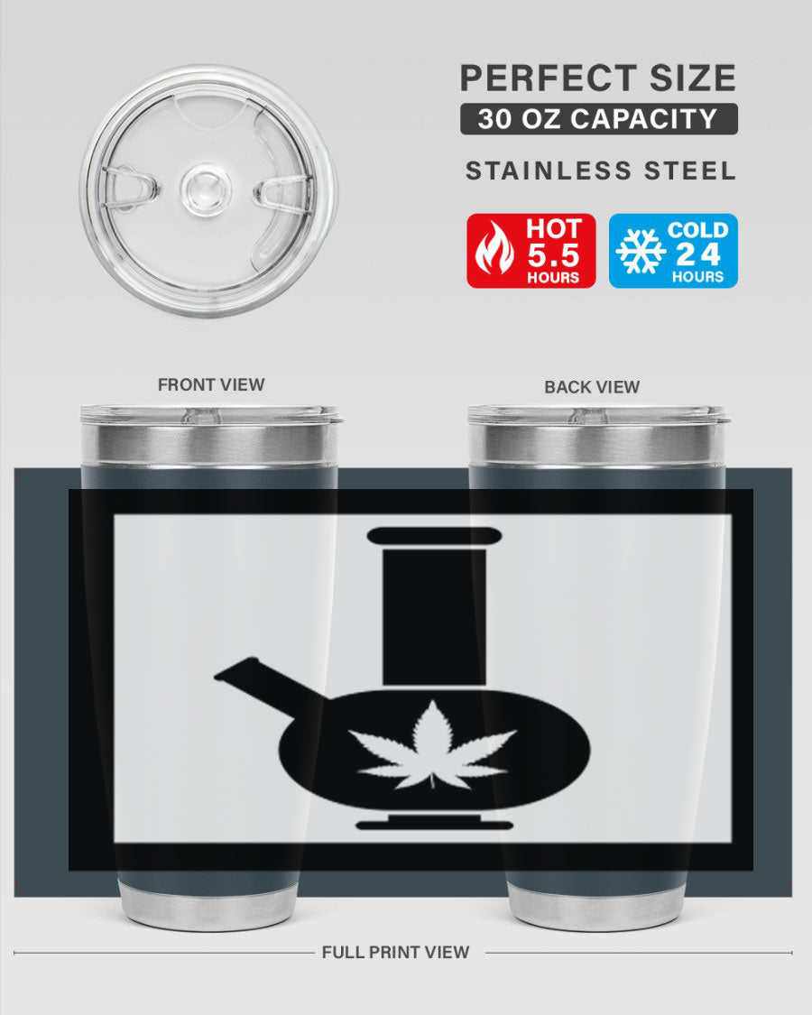 A stylish cannabis art 43# tumbler featuring a vibrant marijuana design, made of double wall vacuum stainless steel with a drink-thru lid.