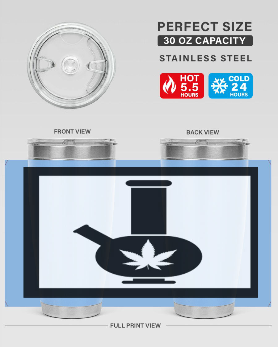 A stylish cannabis art 43# tumbler featuring a vibrant marijuana design, made of double wall vacuum stainless steel with a drink-thru lid.