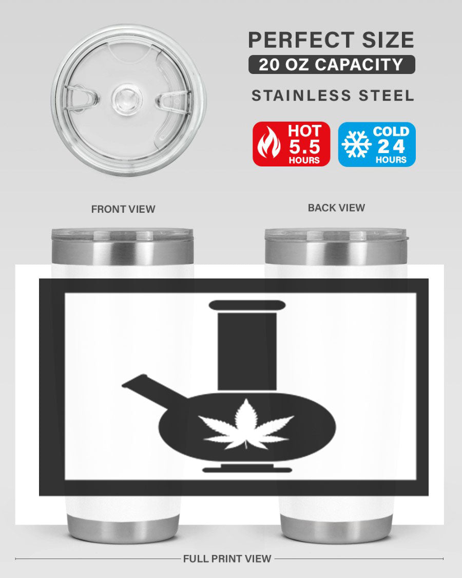 A stylish cannabis art 43# tumbler featuring a vibrant marijuana design, made of double wall vacuum stainless steel with a drink-thru lid.