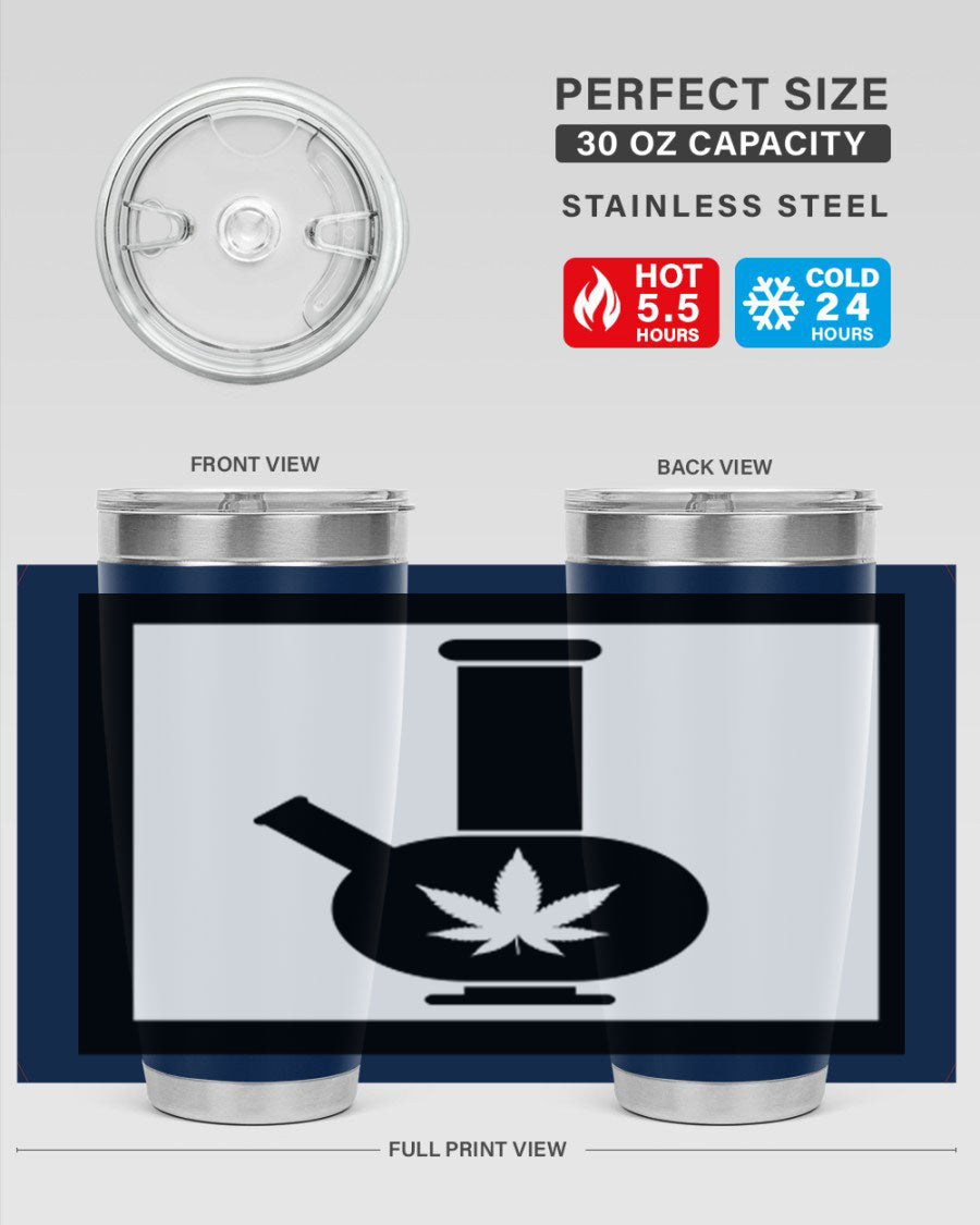 A stylish cannabis art 43# tumbler featuring a vibrant marijuana design, made of double wall vacuum stainless steel with a drink-thru lid.