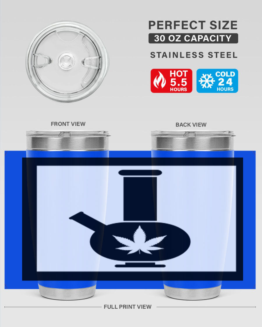 A stylish cannabis art 43# tumbler featuring a vibrant marijuana design, made of double wall vacuum stainless steel with a drink-thru lid.