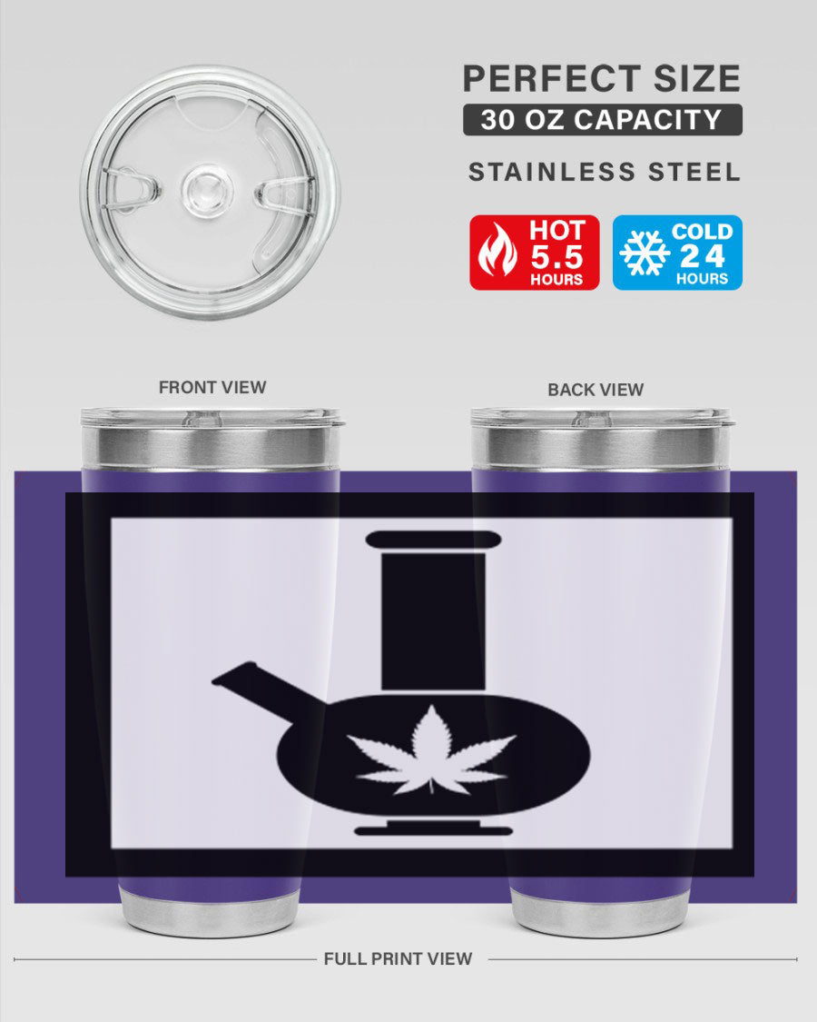 A stylish cannabis art 43# tumbler featuring a vibrant marijuana design, made of double wall vacuum stainless steel with a drink-thru lid.