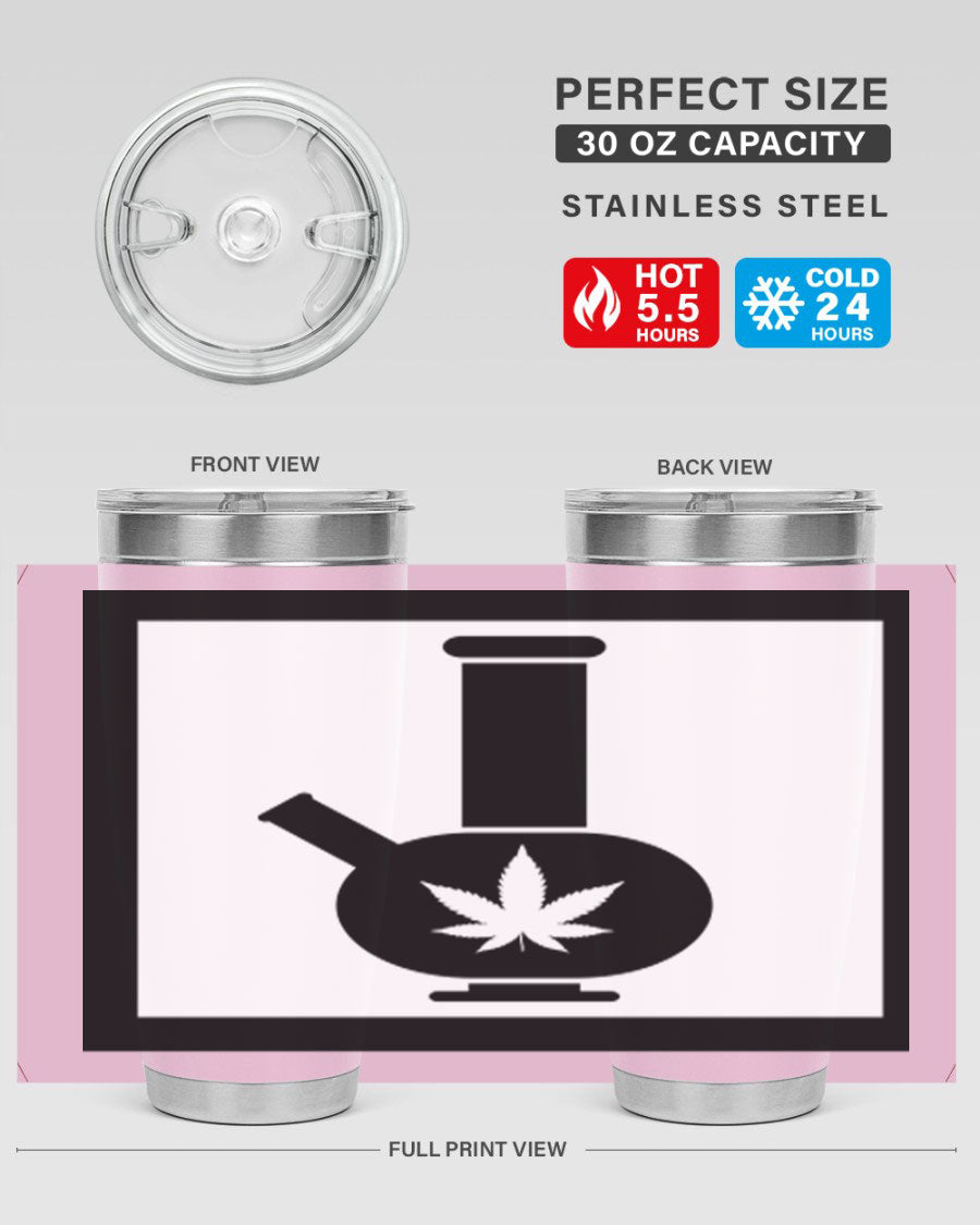 A stylish cannabis art 43# tumbler featuring a vibrant marijuana design, made of double wall vacuum stainless steel with a drink-thru lid.