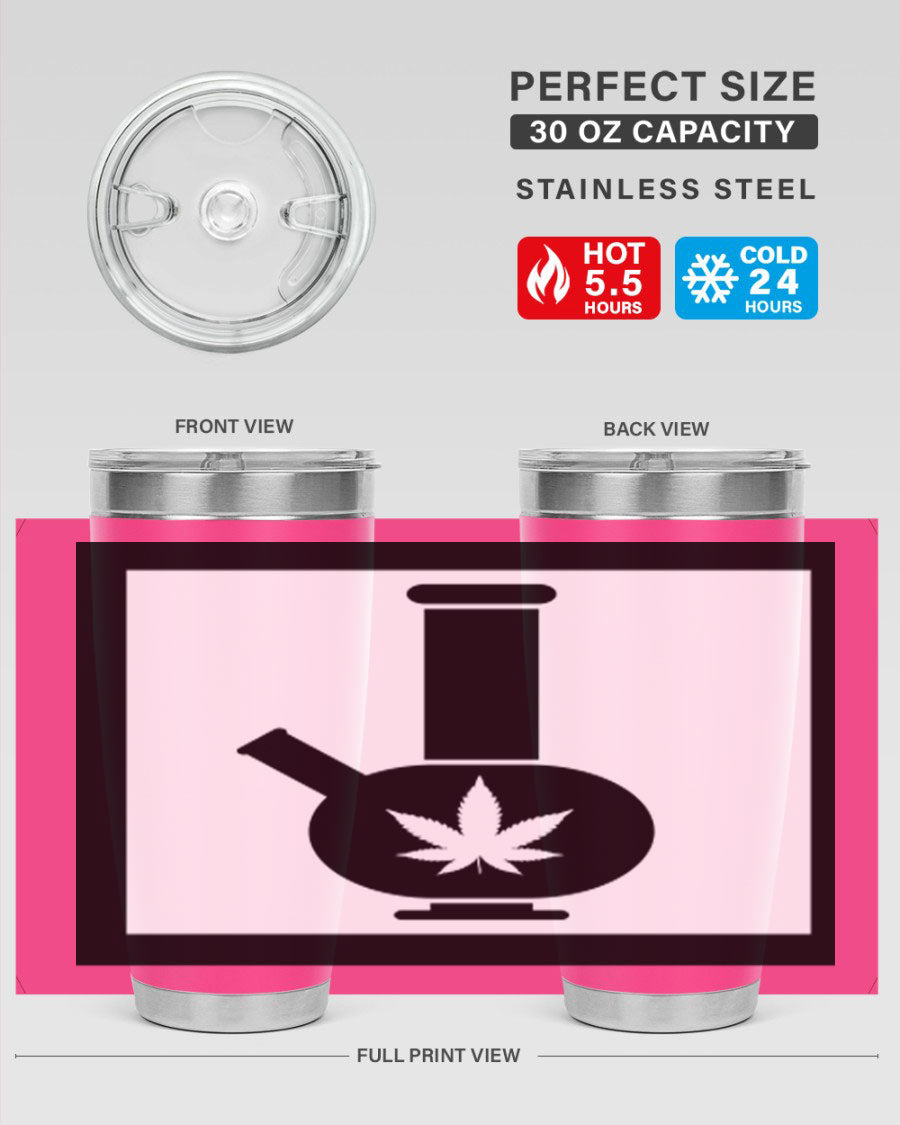 A stylish cannabis art 43# tumbler featuring a vibrant marijuana design, made of double wall vacuum stainless steel with a drink-thru lid.