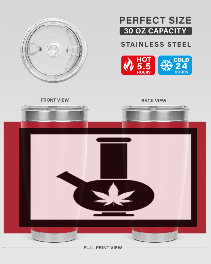 A stylish cannabis art 43# tumbler featuring a vibrant marijuana design, made of double wall vacuum stainless steel with a drink-thru lid.