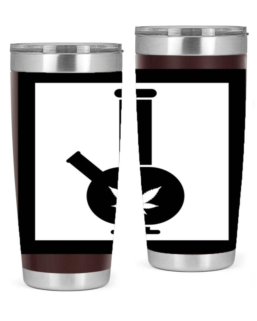 A stylish cannabis art 43# tumbler featuring a vibrant marijuana design, made of double wall vacuum stainless steel with a drink-thru lid.