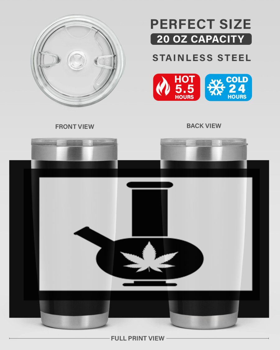 A stylish cannabis art 43# tumbler featuring a vibrant marijuana design, made of double wall vacuum stainless steel with a drink-thru lid.