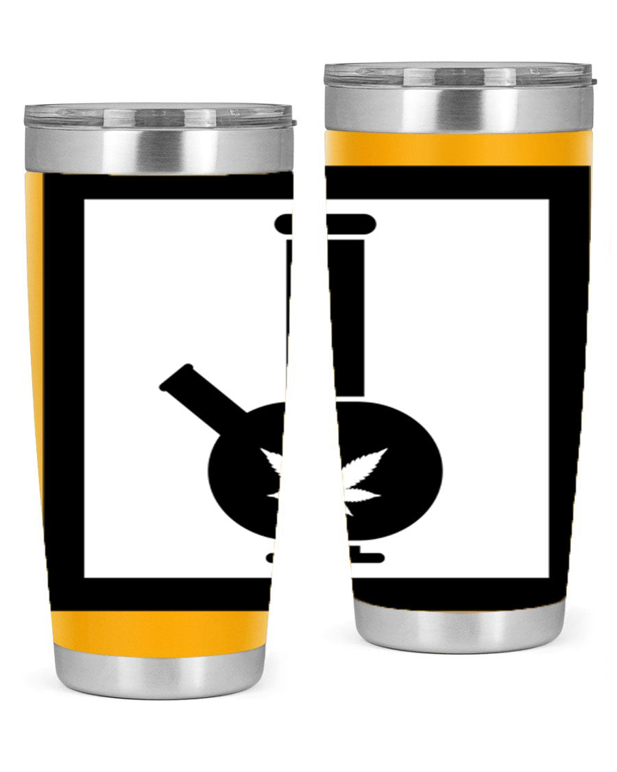 A stylish cannabis art 43# tumbler featuring a vibrant marijuana design, made of double wall vacuum stainless steel with a drink-thru lid.