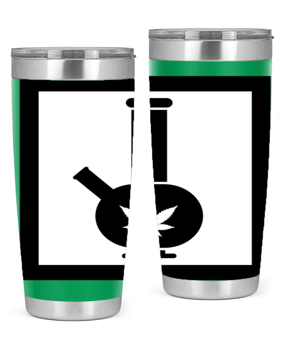 A stylish cannabis art 43# tumbler featuring a vibrant marijuana design, made of double wall vacuum stainless steel with a drink-thru lid.