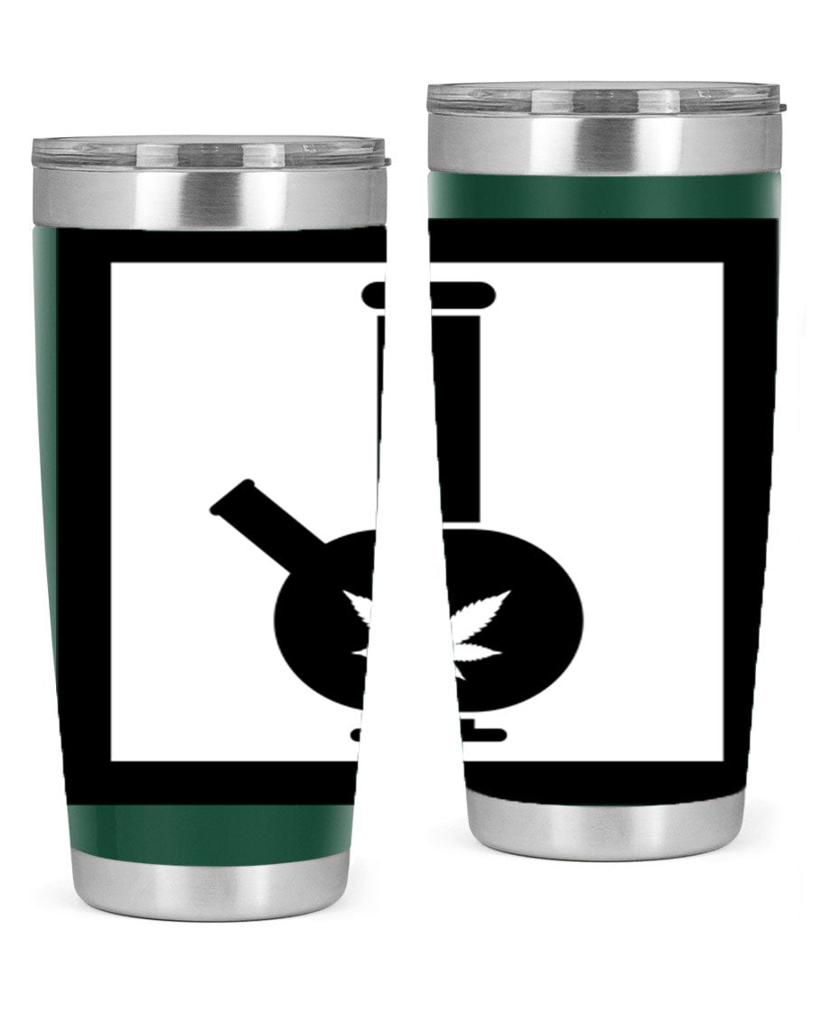 A stylish cannabis art 43# tumbler featuring a vibrant marijuana design, made of double wall vacuum stainless steel with a drink-thru lid.