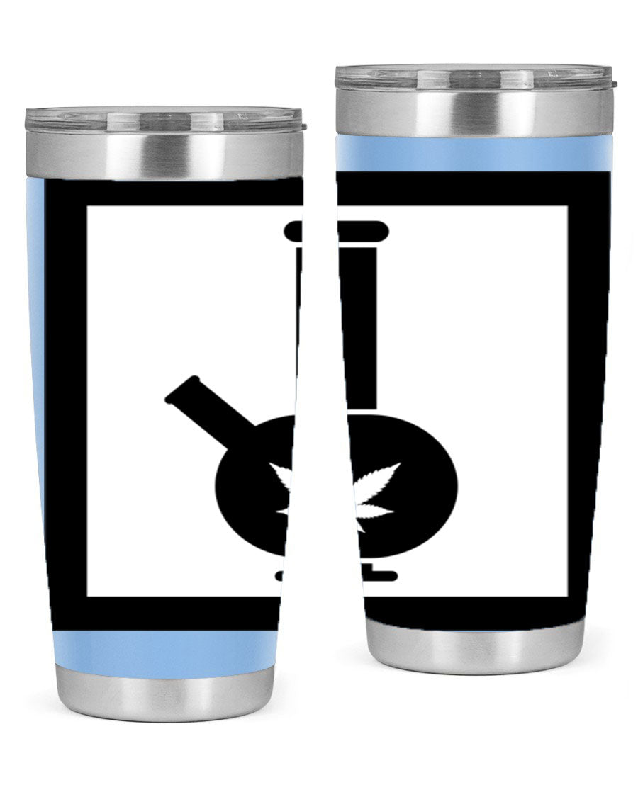 A stylish cannabis art 43# tumbler featuring a vibrant marijuana design, made of double wall vacuum stainless steel with a drink-thru lid.