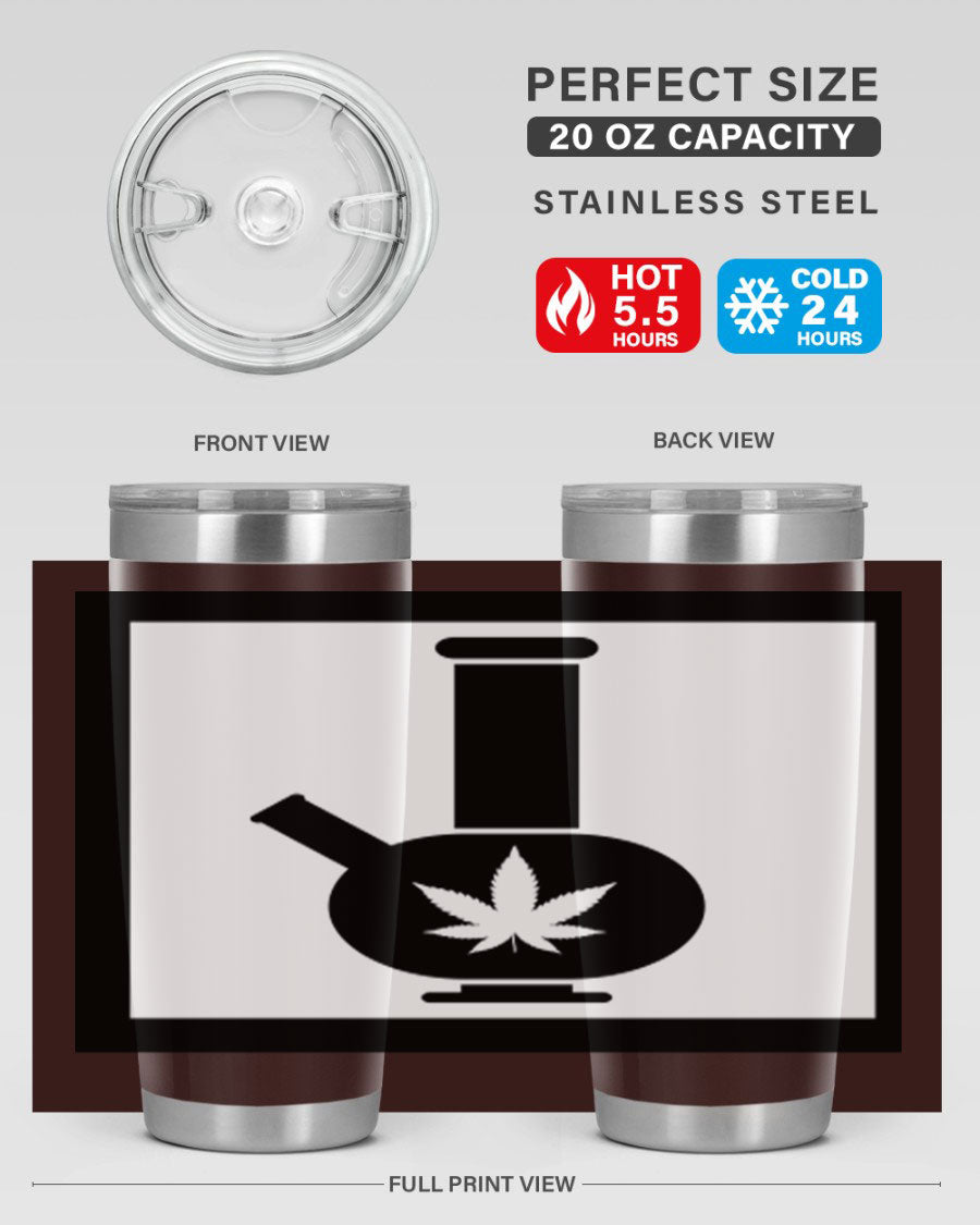 A stylish cannabis art 43# tumbler featuring a vibrant marijuana design, made of double wall vacuum stainless steel with a drink-thru lid.