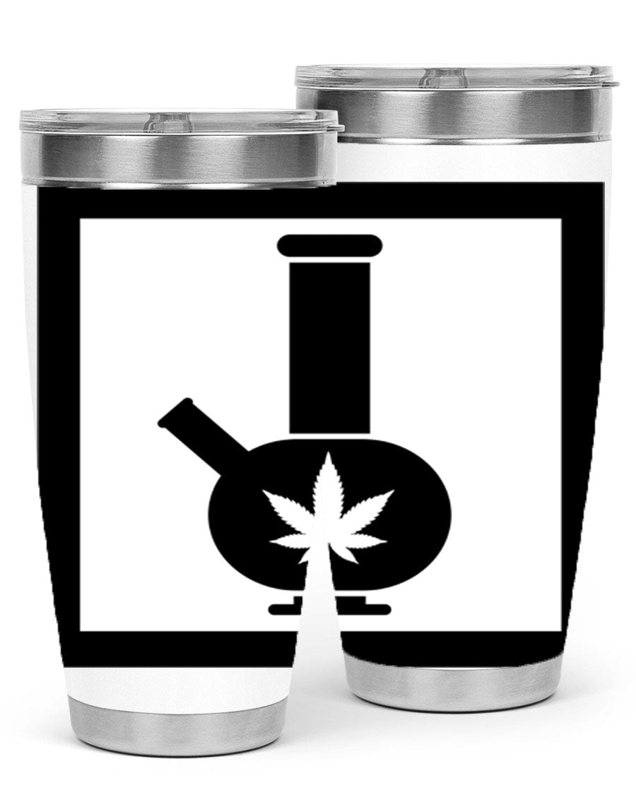 A stylish cannabis art 43# tumbler featuring a vibrant marijuana design, made of double wall vacuum stainless steel with a drink-thru lid.
