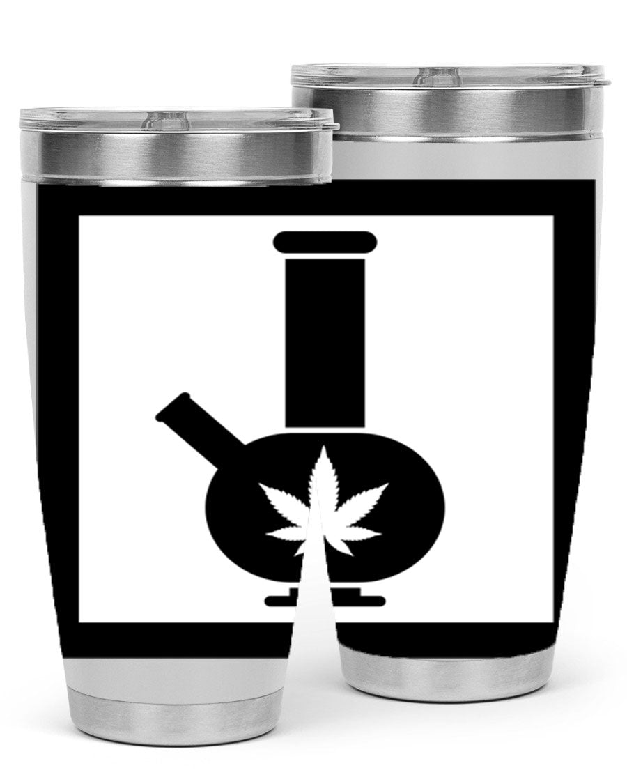 A stylish cannabis art 43# tumbler featuring a vibrant marijuana design, made of double wall vacuum stainless steel with a drink-thru lid.