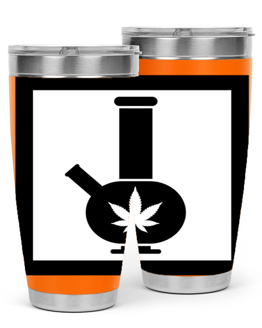 A stylish cannabis art 43# tumbler featuring a vibrant marijuana design, made of double wall vacuum stainless steel with a drink-thru lid.