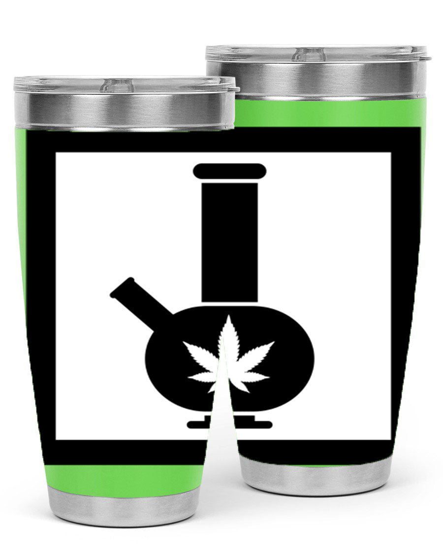 A stylish cannabis art 43# tumbler featuring a vibrant marijuana design, made of double wall vacuum stainless steel with a drink-thru lid.