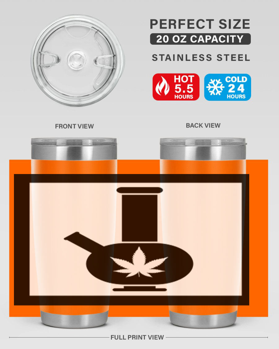 A stylish cannabis art 43# tumbler featuring a vibrant marijuana design, made of double wall vacuum stainless steel with a drink-thru lid.