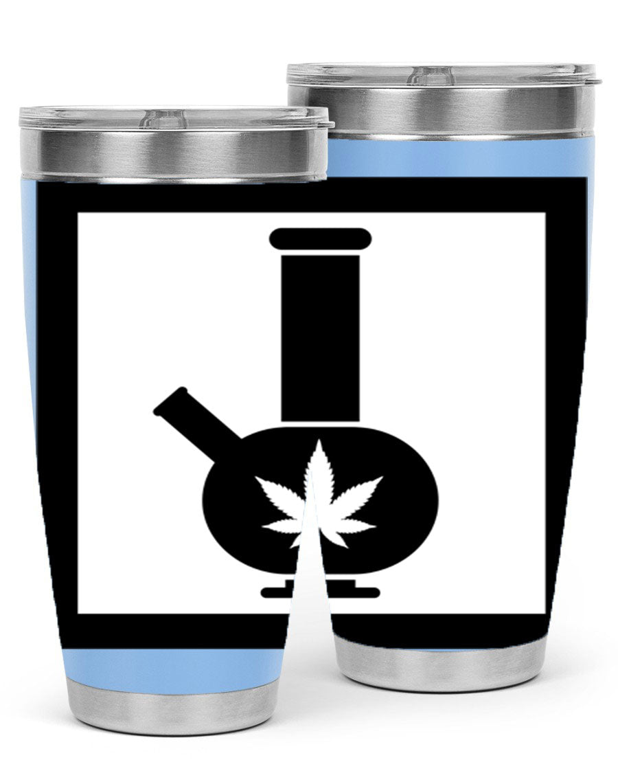 A stylish cannabis art 43# tumbler featuring a vibrant marijuana design, made of double wall vacuum stainless steel with a drink-thru lid.
