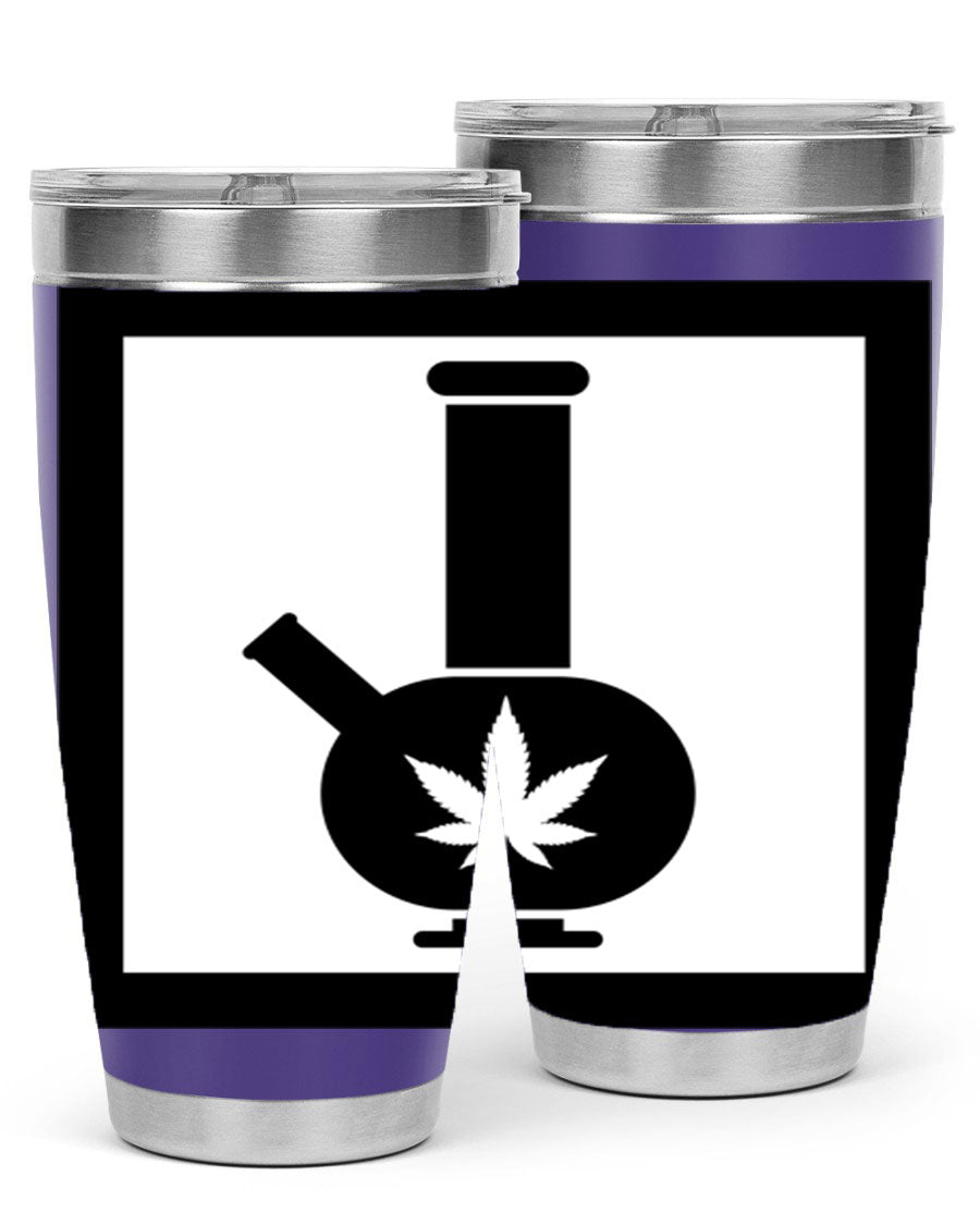 A stylish cannabis art 43# tumbler featuring a vibrant marijuana design, made of double wall vacuum stainless steel with a drink-thru lid.