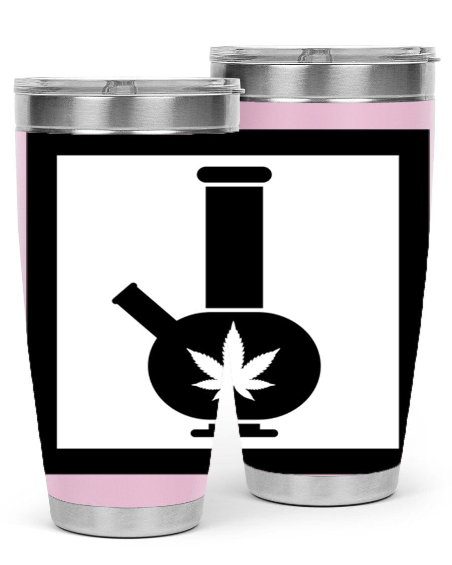 A stylish cannabis art 43# tumbler featuring a vibrant marijuana design, made of double wall vacuum stainless steel with a drink-thru lid.