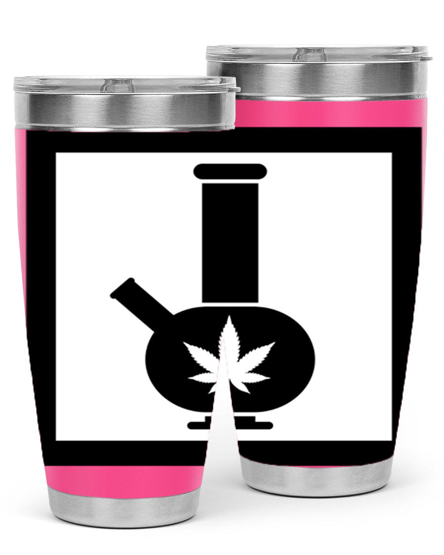 A stylish cannabis art 43# tumbler featuring a vibrant marijuana design, made of double wall vacuum stainless steel with a drink-thru lid.