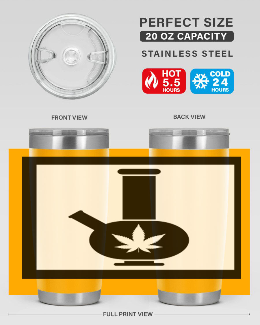 A stylish cannabis art 43# tumbler featuring a vibrant marijuana design, made of double wall vacuum stainless steel with a drink-thru lid.