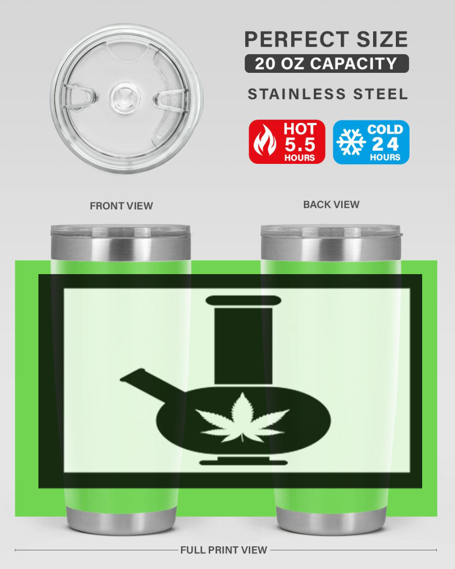 A stylish cannabis art 43# tumbler featuring a vibrant marijuana design, made of double wall vacuum stainless steel with a drink-thru lid.