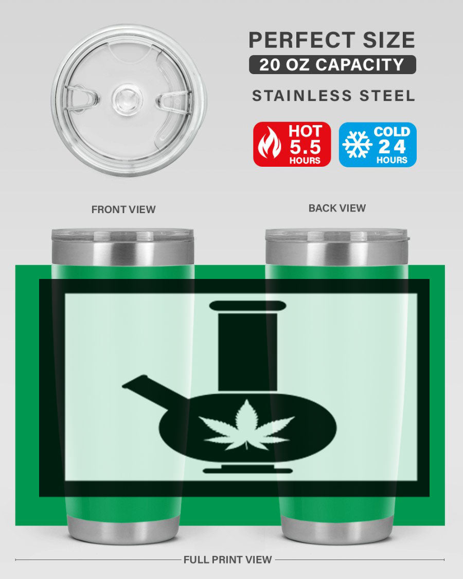 A stylish cannabis art 43# tumbler featuring a vibrant marijuana design, made of double wall vacuum stainless steel with a drink-thru lid.