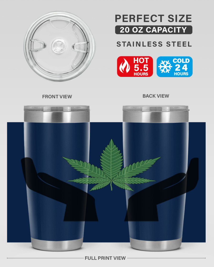 cannabis hands 44# tumbler featuring double wall vacuum stainless steel design with a vibrant cannabis-themed print.