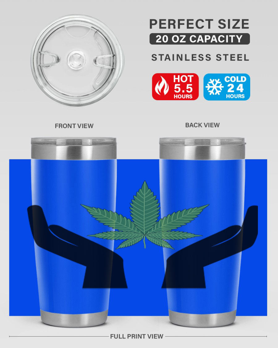 cannabis hands 44# tumbler featuring double wall vacuum stainless steel design with a vibrant cannabis-themed print.