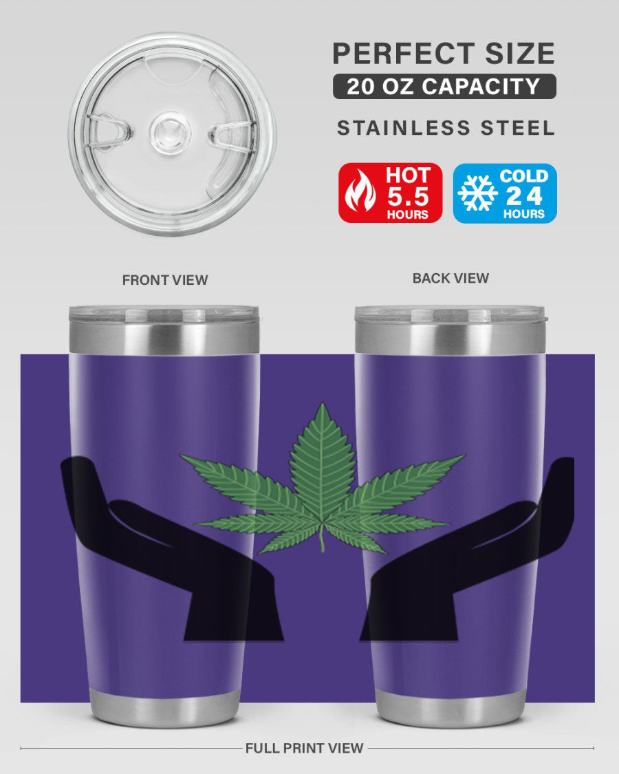 cannabis hands 44# tumbler featuring double wall vacuum stainless steel design with a vibrant cannabis-themed print.