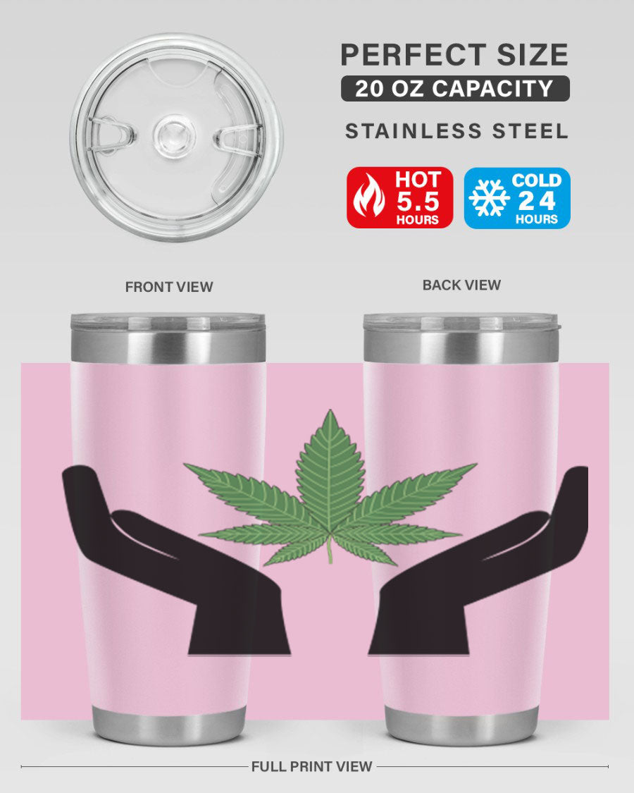 cannabis hands 44# tumbler featuring double wall vacuum stainless steel design with a vibrant cannabis-themed print.