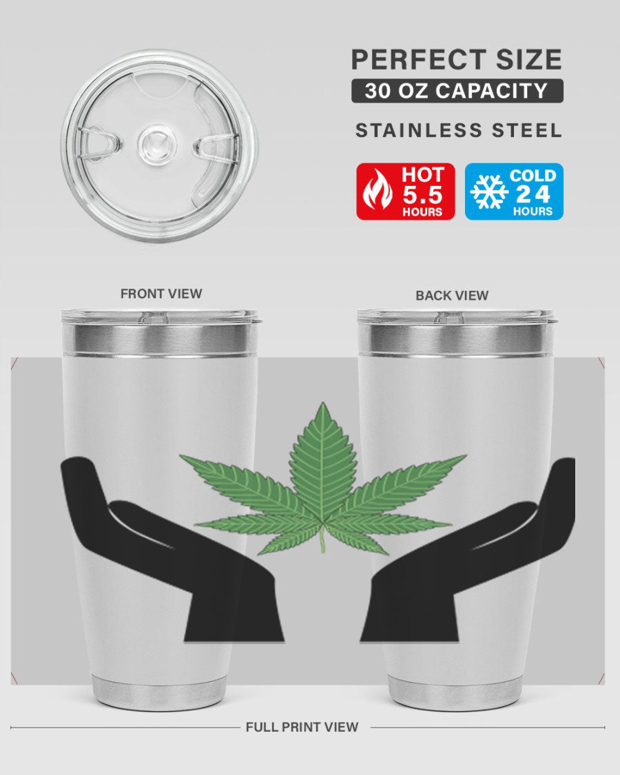 cannabis hands 44# tumbler featuring double wall vacuum stainless steel design with a vibrant cannabis-themed print.