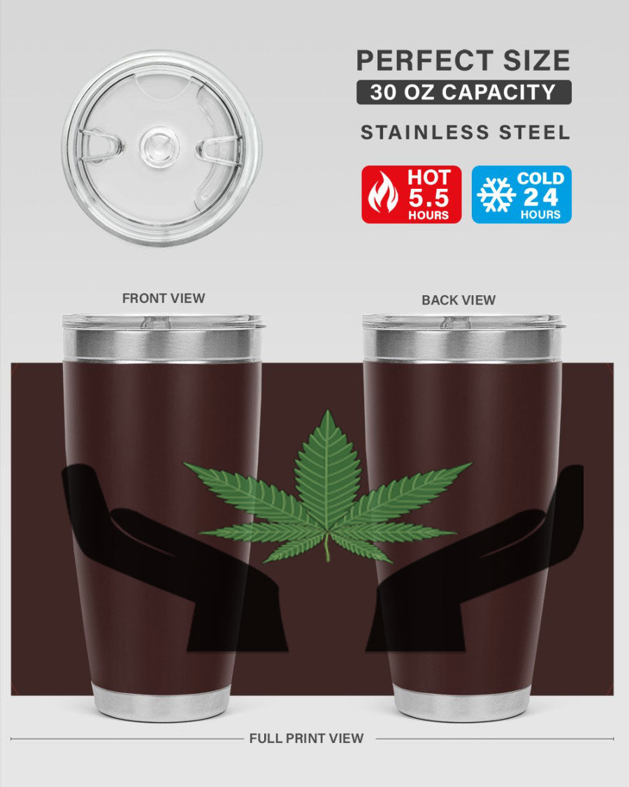 cannabis hands 44# tumbler featuring double wall vacuum stainless steel design with a vibrant cannabis-themed print.
