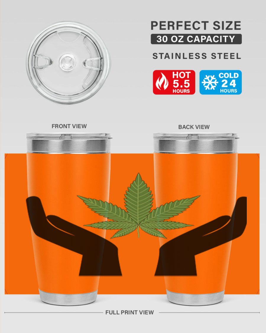 cannabis hands 44# tumbler featuring double wall vacuum stainless steel design with a vibrant cannabis-themed print.