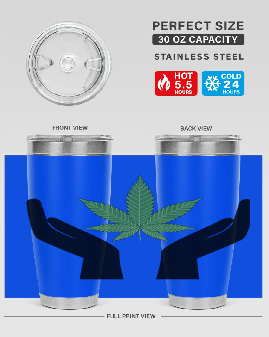 cannabis hands 44# tumbler featuring double wall vacuum stainless steel design with a vibrant cannabis-themed print.