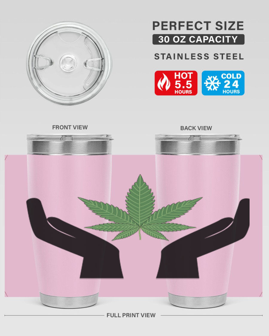 cannabis hands 44# tumbler featuring double wall vacuum stainless steel design with a vibrant cannabis-themed print.